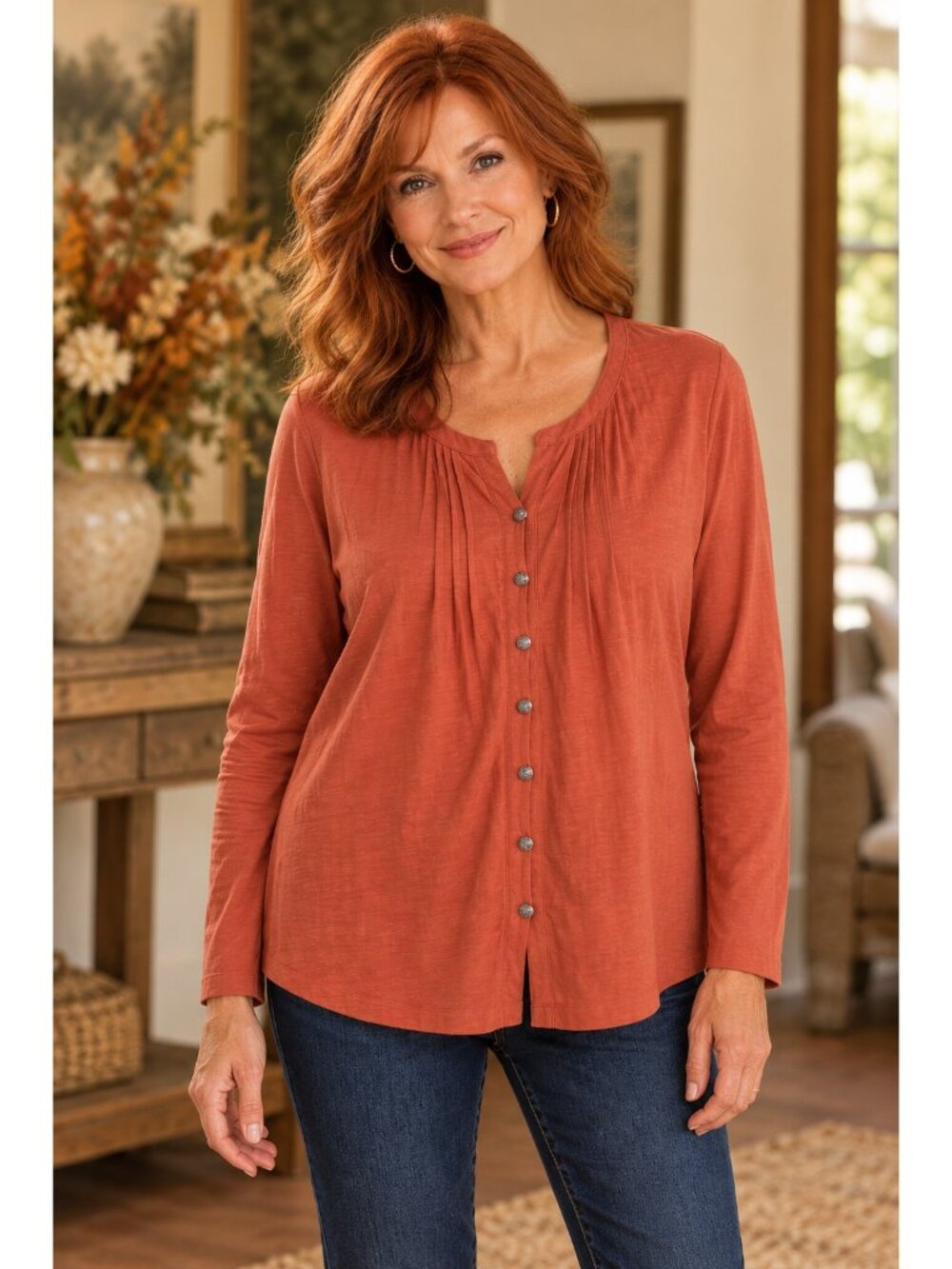 J Jill Top Women L Terracotta Cotton Button Front Pintuck Boho Casual Lagenlook